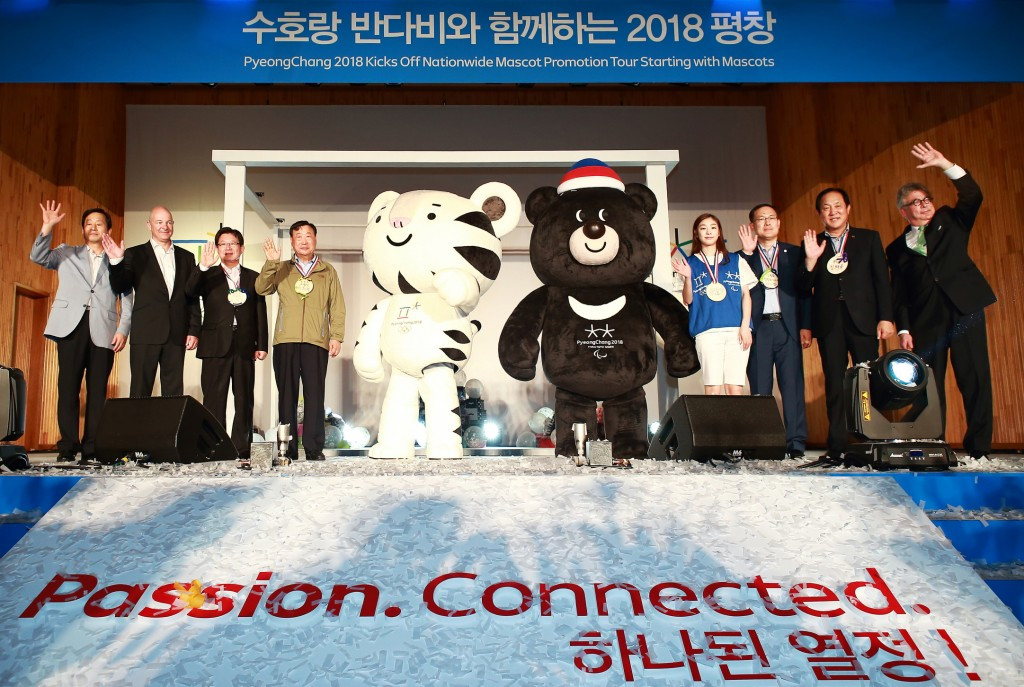 The Pyeongchang 2018 mascots made their first public life-size appearance during the opening event of the tour ©Pyeongchang 2018