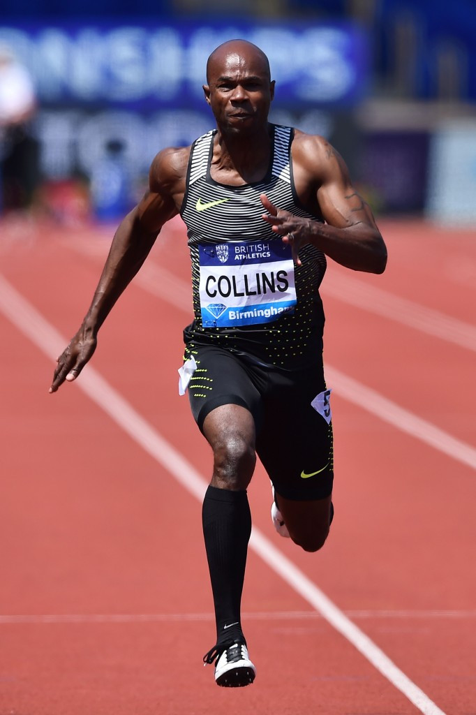 Kim Collins, pictured en-route to 100m victory at last month's Birmingham Diamond League meeting, has been cleared to compete in a fifth Olympics ©Getty Images
