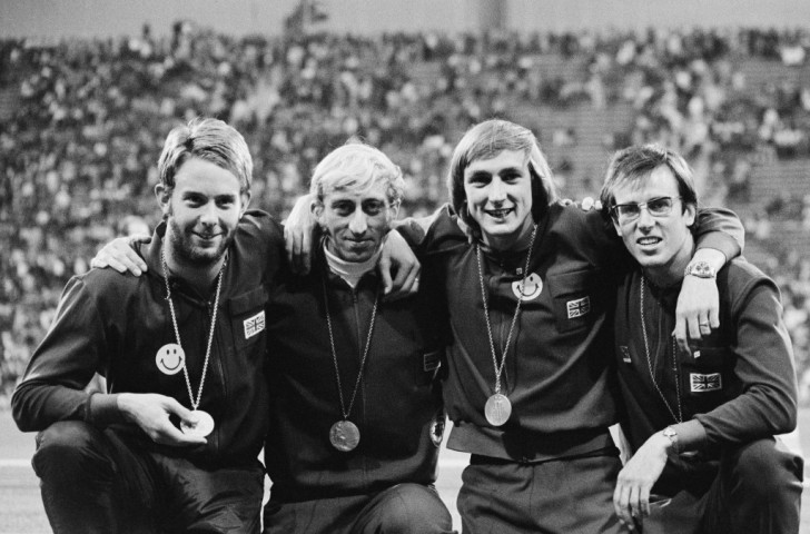 Alan Pascoe (second right) pictured with fellow 4x400m silver medallists (from left) David Jenkins, David Hemery and Martin Reynolds at the 1972 Munich Games, was one of only three British winners in the 1975 match against East Germany in Dresden ©Getty Images