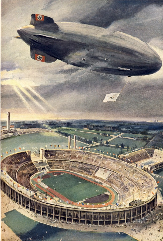 The Hindenburg airship carries the Olympic flag over the stadium ©Philip Barker