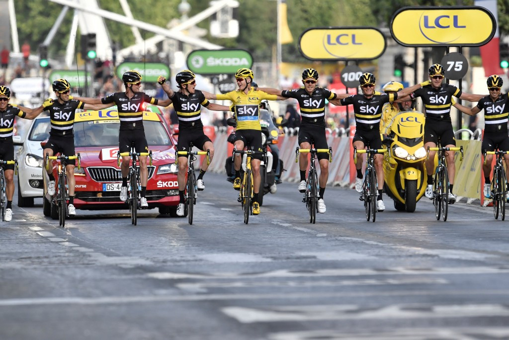 Chris Froome celebrated with his Team Sky team-mates when crossing the line ©Getty Images
