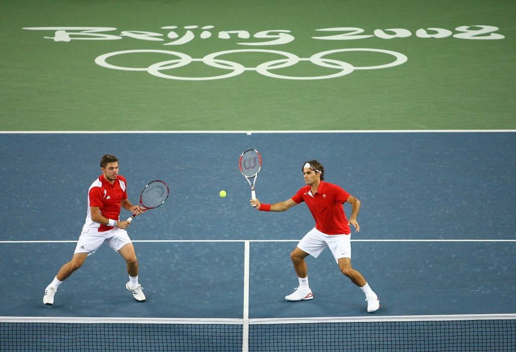 Switzerland's Roger Federer, right, won an Olympic gold in the doubles with Stan Wawrinka at Beijing 2008 ©Getty Images