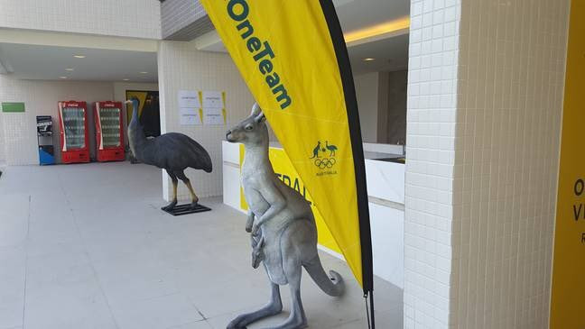 A kangaroo and an emu outside the Australian section of the Athletes' Village ©Getty Images