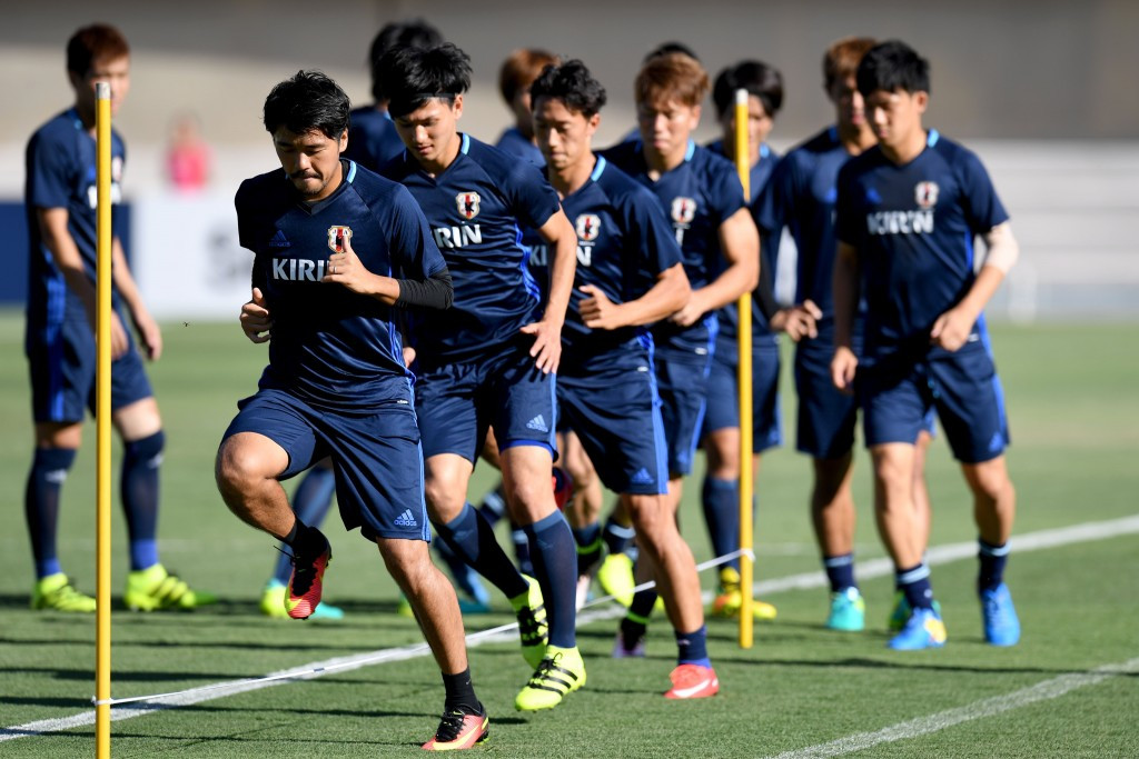 Members of the Japanese football team train ahead of the start of Olympic football competition ©Getty Images