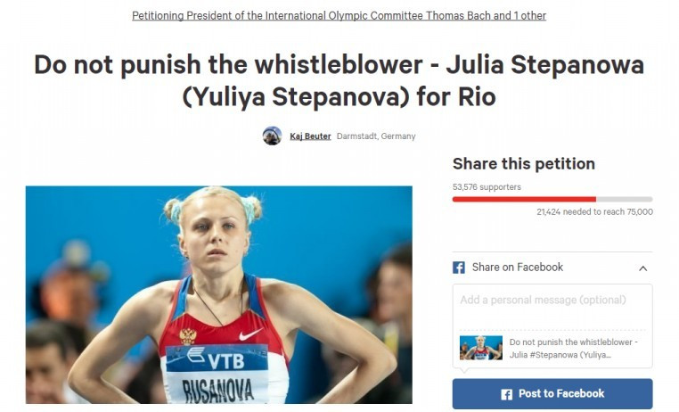 A petition set up to persuade the IOC to let whistleblower Yuliya Stepanova compete at Rio 2016 has attracted over 50,000 signatures ©change.org