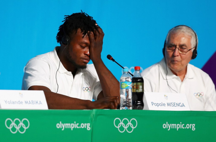 Popole Misenga shows his emotions while talking about how conflict in his native Democratic Republic of Congo affected his family at a conference ahead of his appearance for the Refugee Olympic Team in Rio 2016 ©Getty Images