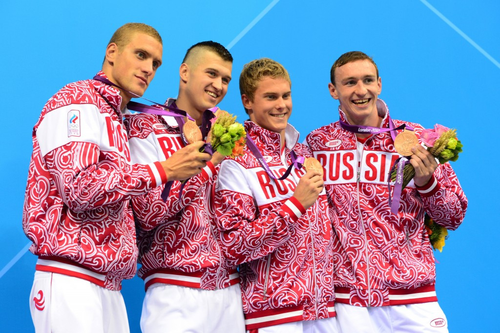 Nikita Lobintsev, second left, and Vladimir Morozov, second right, were part of the Russian 4x100 metres relay team that won Olympic bronze medals at London 2012 ©Getty Images