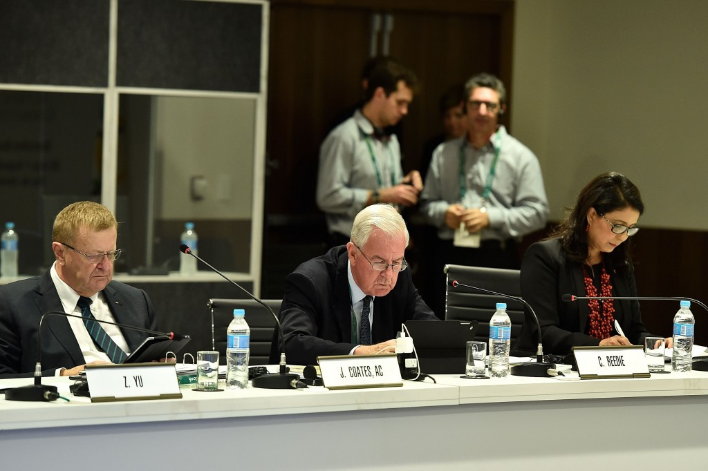 Court of Arbitration for Sport President John Coates, left, and World Anti-Doping Agency counterpart Sir Craig Reedie, centre, during today's IOC Executive Board meeting in Rio de Janeiro ©Getty Images