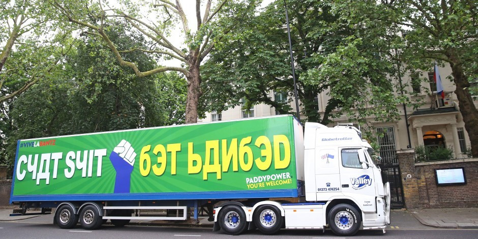 Paddy Power packed a truck outside the Russian Embassy in London on the of England's UEFA Euro 2016 match against Russia last month ©Paddy Power
