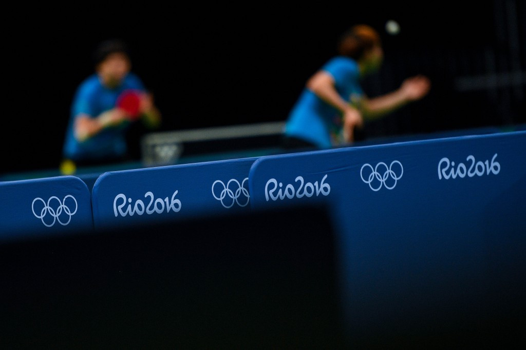 Olympic table tennis players LI Xiaoxia, left, and Ding Ning of China practice at Riocentro Pavilion 3 ©Getty Images
