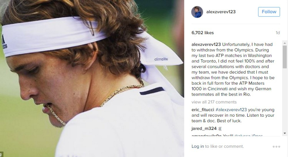 Alexander Zverev has withdrawn from the men's singles competition ©Instagram