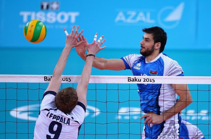 Azerbaijan's Dmitriy Obodnikov attempts a smash during the men's volleyball preliminary Pool A match between the host nation and Finland at the Crystal Hall ©Getty Images