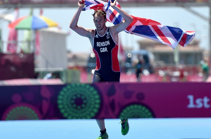Great Britain's Gordon Benson approaches the finish line to win gold in the men's triathlon final at Bilgah Beach ©Getty Images