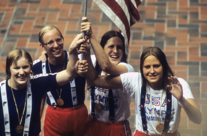 The victorious US 4x100m relay team - from left, Jill Sterkel, Wendy Boglioli, Kim Peyton and Shrley Babashoff - after their victory over East Germany at the 1976 Montreal Games ©Getty Images