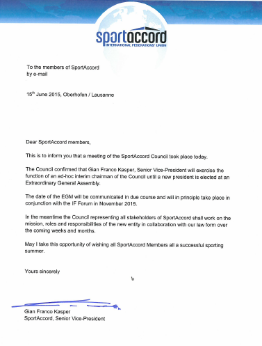 A letter sent to SportAccord members following the Council meeting today ©ITG