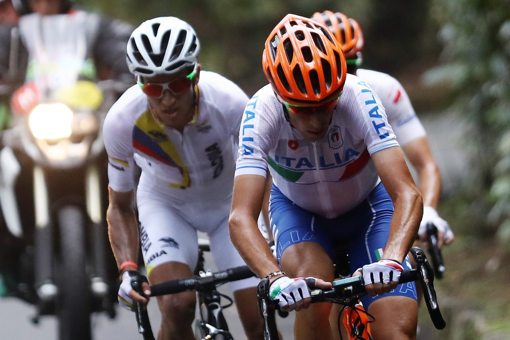 Italy's race favourite Vincenzo Nibali, right, and Colombia's Sergio Henao, left, crashed out of contention in the closing stages of the Olympic road race in Rio de Janeiro ©Getty Images