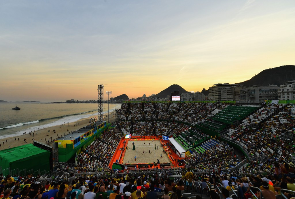 A view of the beach volleyball venue at Copacabana as the sun goes down ©Getty Images