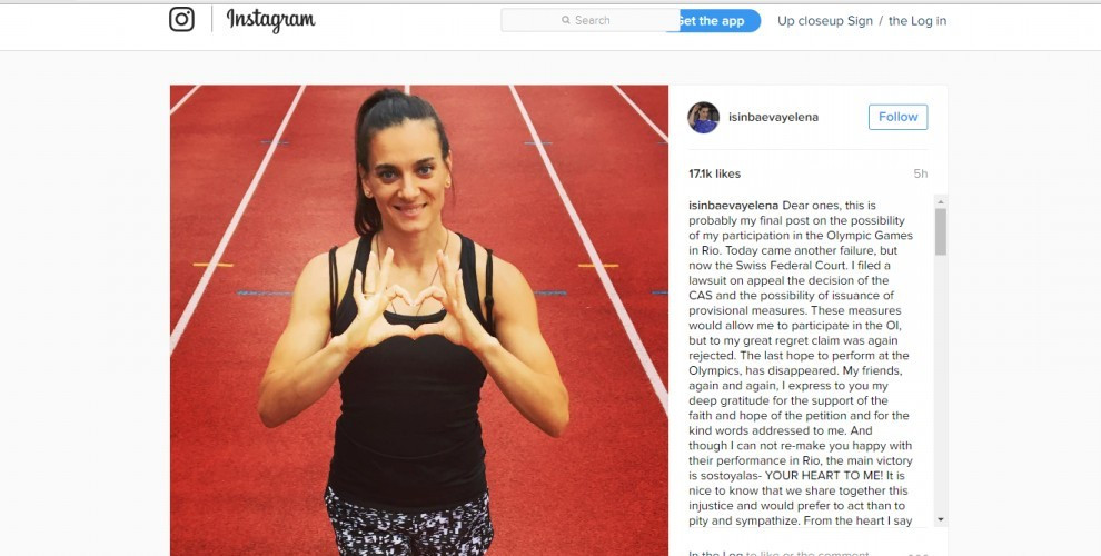 Russia's double Olympic pole vault champion Yelena Isinbayeva has revealed on her instagram account that she will travel to Rio next Sunday to campaign for election to the IOC Athletes' Commission ©Yelena Isinbayeva 