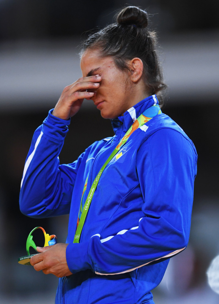Majlinda Kelmendi shows her emotions during the under 52kg medal ceremony ©Getty Images