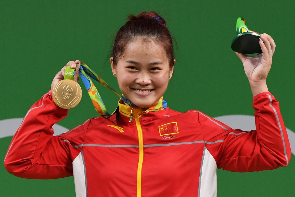 Deng Wei of China after winning the women's 63kg weightlifting event in a world record ©Getty Images