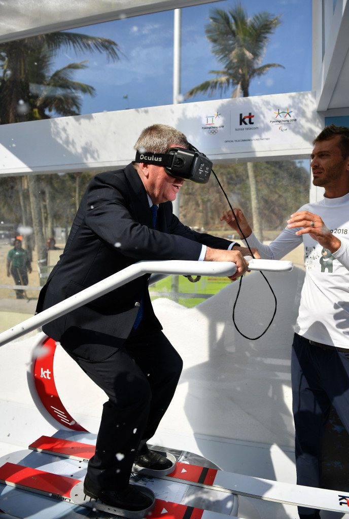 IOC President Thomas Bach tried a stimulated ski jump at Pyeongchang House ©Getty Images