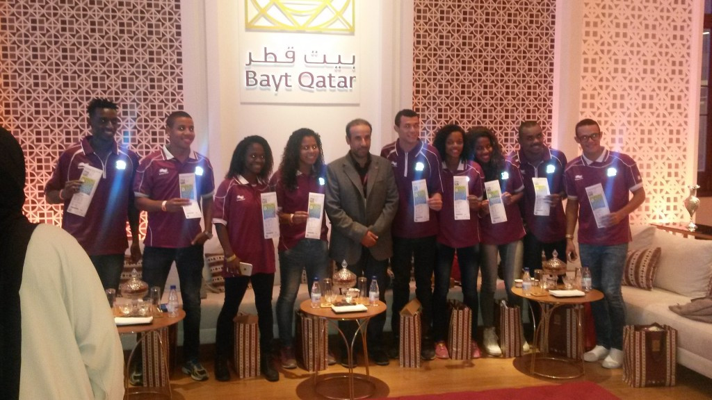 Nine young Brazilian athletes at the Bayt Qatar this week with tickets for the athletics programme given to them by the Qatar Olympic Committee's General Secretary Dr Thani Al Kuwari with sprinter and hurdler Gabriel Oliveira Constantino (left) ©insidethegames