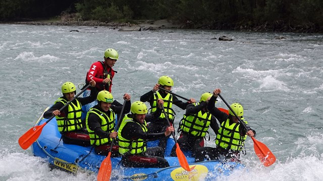 The team not only took to the River Isel for some white water rafting but they also played beach volley ball, too, as well as attending strength and endurance training exercises ©FIS