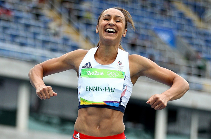Jessica Ennis-Hill, Britain's defending heptathlon champion, bounces with glee on the high jump landing mat after clearing 1.89m, her best effort in more than four years ©Getty Images