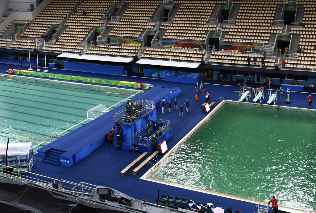 The green colour of the diving pool has prompted huge concerns in recent days ©Getty Images