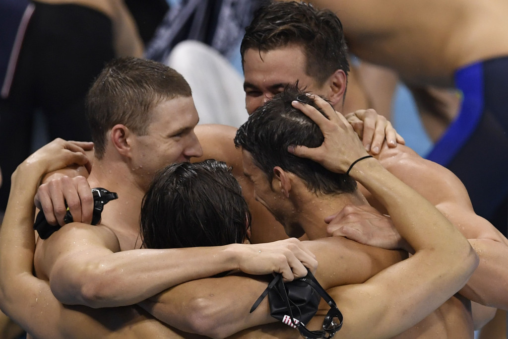 United States celebrate medley relay gold in the final pool race of the Olympics ©Getty Images