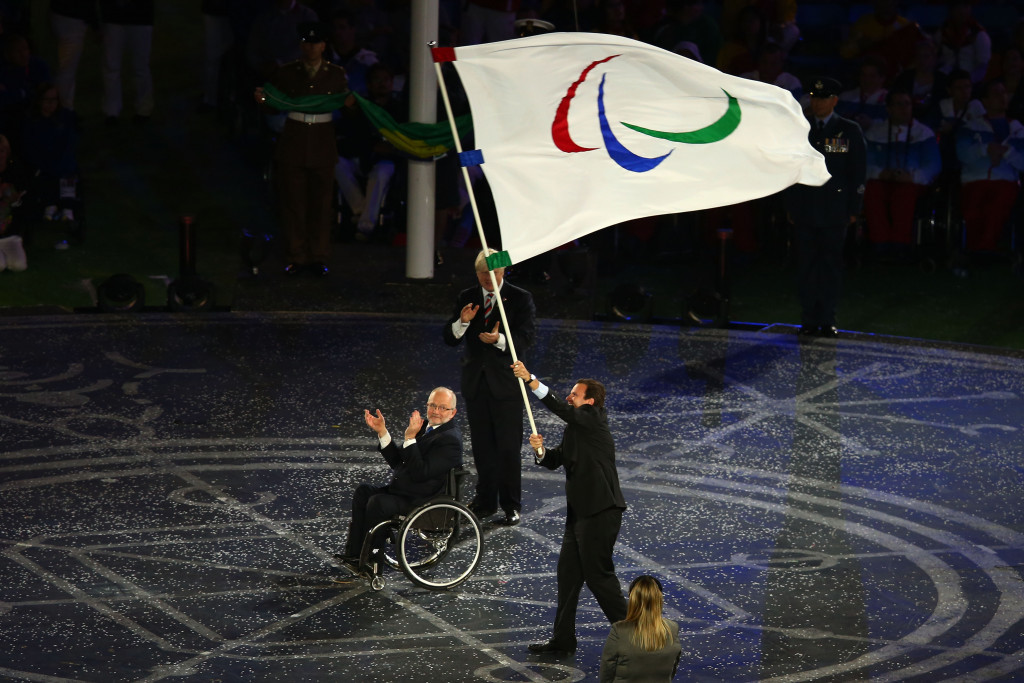 Rio Mayor Eduardo Paes accepts the Paralympic flag from London counterpart Boris Johnson during the Closing Ceremony of the 2012 Games ©Getty Images