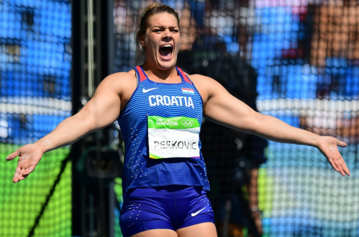 Sandra Perkovic of Croatia acclaims her one scoring effort out of six in the women's discus. It was 69.21m, - enough for her to defend the title successfully ©Getty Images