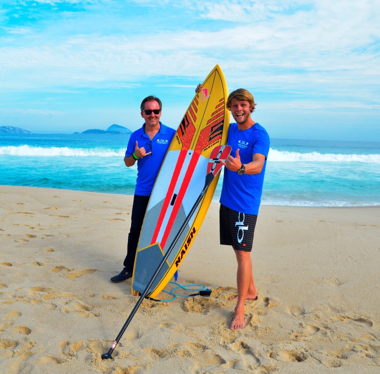 ISA vice president and two time SUP world champion Casper Steinfath, and ISA executive director, Robert Fasulo, on Ipanema Beach in Rio de Janeiro ©ISA