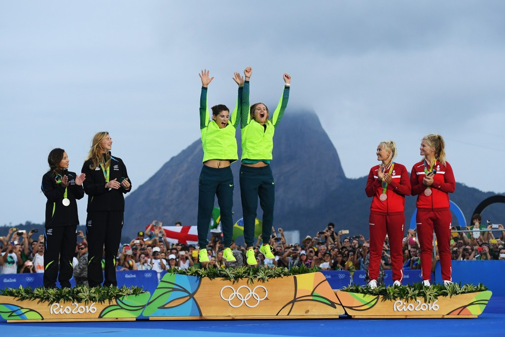 Brazil's Martine Grael and Kahena Kunze won the women’s 49erFX medal race by just two seconds from New Zealand’s Alex Maloney and Molly Meech to claim gold ©Getty Images