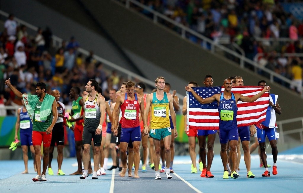 Decathletes gather together at the end of their two day competition ©Getty Images