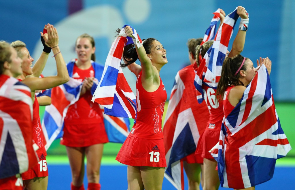 Britain celebrate their thrilling gold medal in hockey ©Getty Images