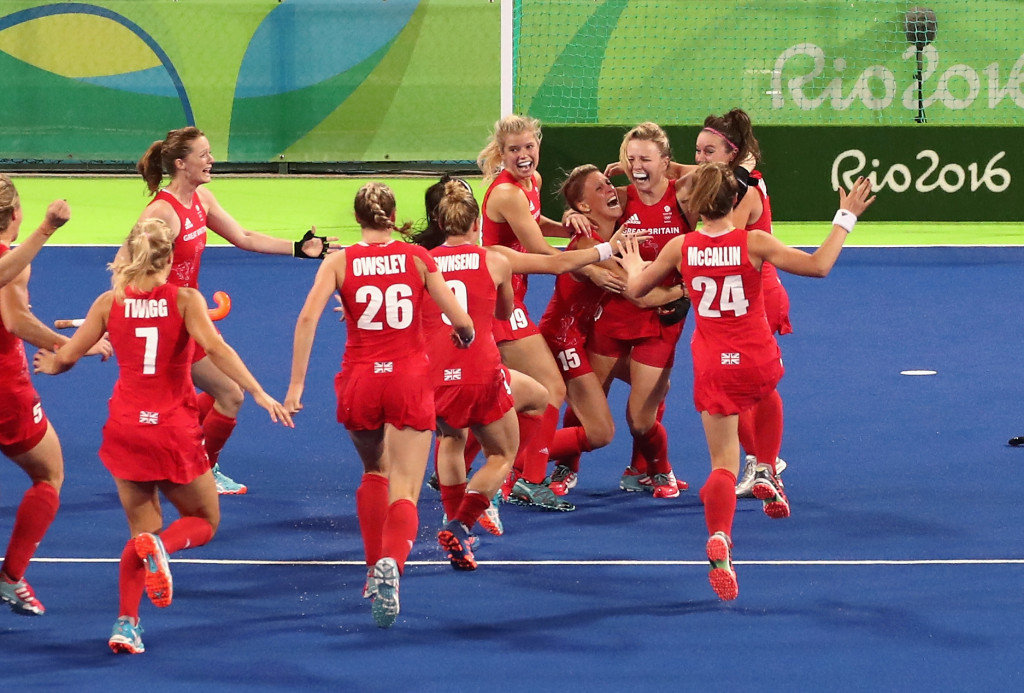 Hollie Webb celebrates with British team-mates after scoring the vital winning penalty goal in the hockey final ©Getty Images