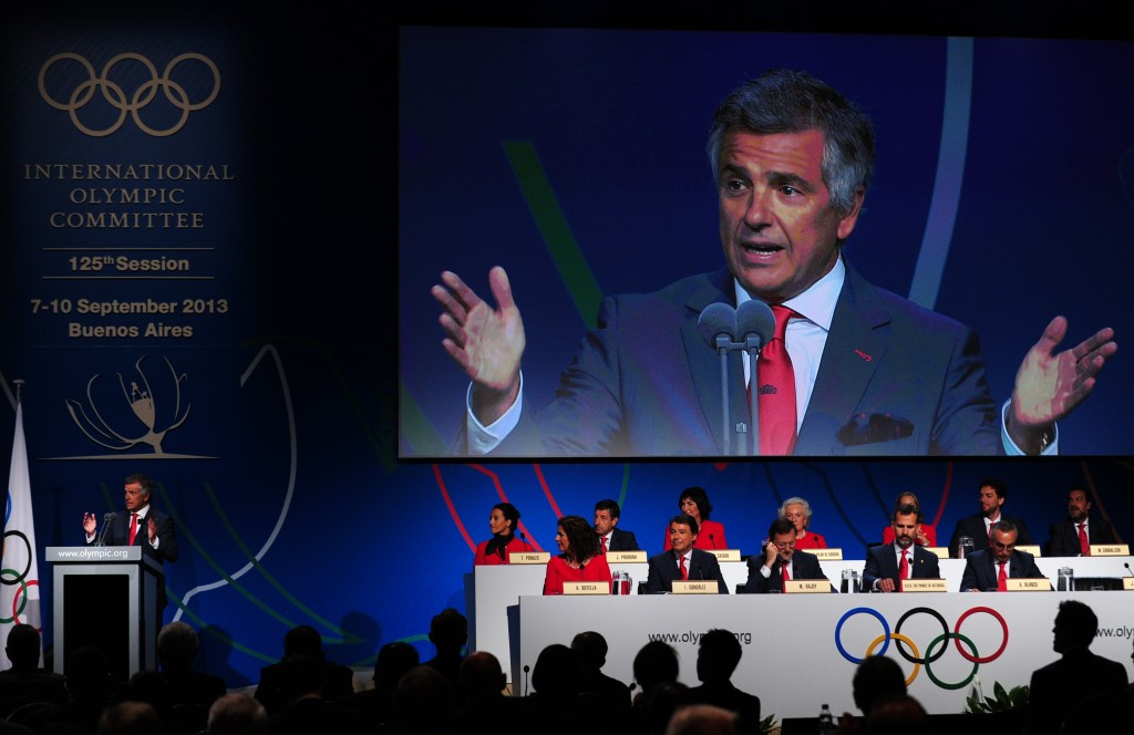 IOC member Juan Antonio Samaranch Salisachs speaks during the final presentation of the unsuccessful Madrid 2020 bid in Buenos Aires ©Getty Images