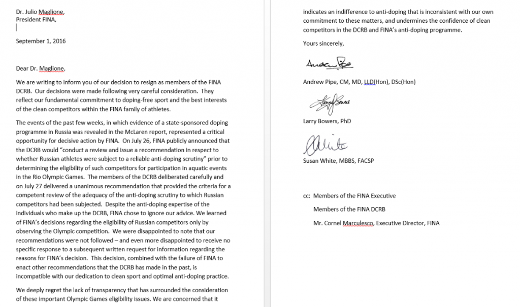 The letter sent to Julio Maglione by the three resigning members of the DCRB ©ITG