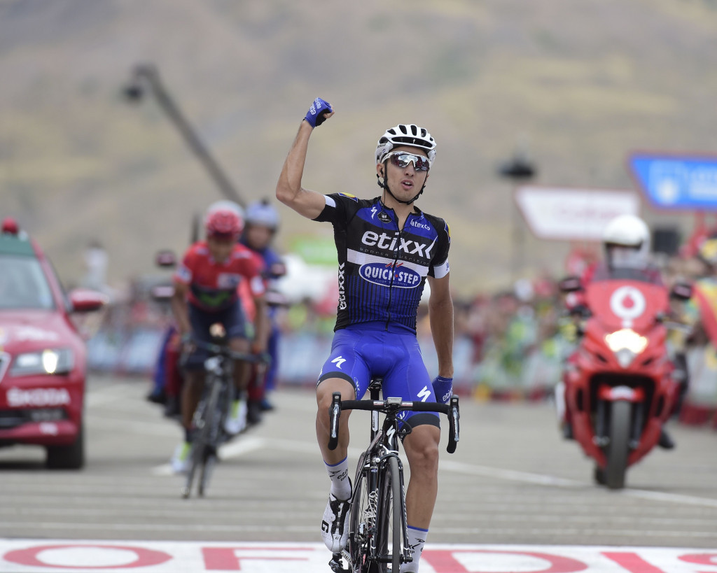 Gianluca Brambilla crosses the line ahead of Nairo Quintana to win a potentially crucial stage of the Vuelta a España ©Getty Images