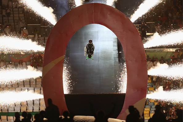 The Ceremony began with American extreme wheelchair athlete Aaron Wheelz jumping through a giant ring and landing on a huge inflatable mattress ©Getty Images
