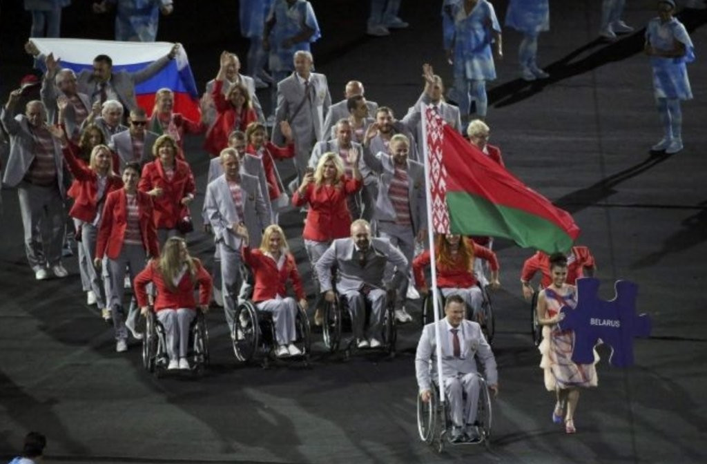 A representative of the Belarusian delegation who carried Russian flag during the Opening Ceremony of the Rio 2016 Paralympic Games as a gesture of solidarity with the banned nation ©Getty Images