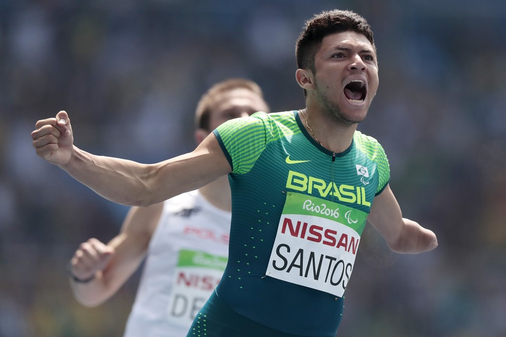 Home favourite Petrucio Ferreira dos Santos produced a late surge to win the men’s T47 100 metres Paralympic title in a world record time ©Getty Images 