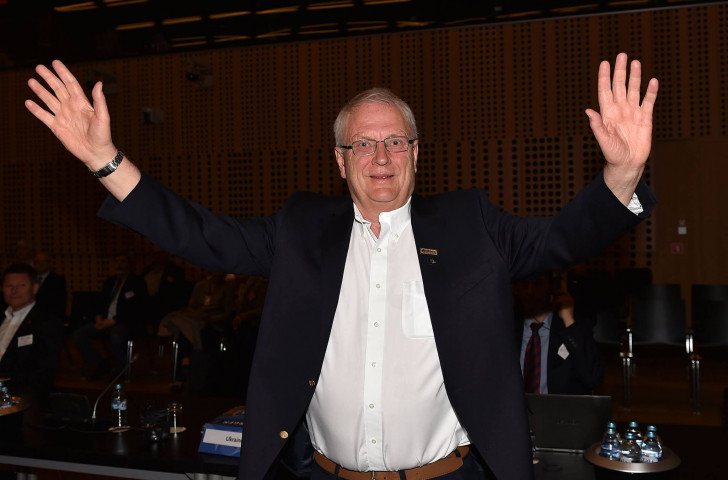 Svein Arne Hansen acknowledges victory in Saturday morning's vote at the European Athletics Congress in Bled for a successor to Hansjörg Wirz as President 