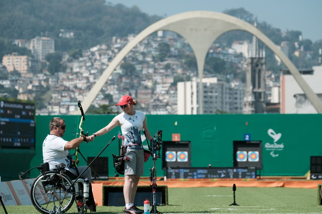 Great Britain's Jodie Grinham and John Stubbs came second in the mixed team compound open archery competition, finishing behind China's Zhou Jiamin and AI Xinliang ©Getty Images