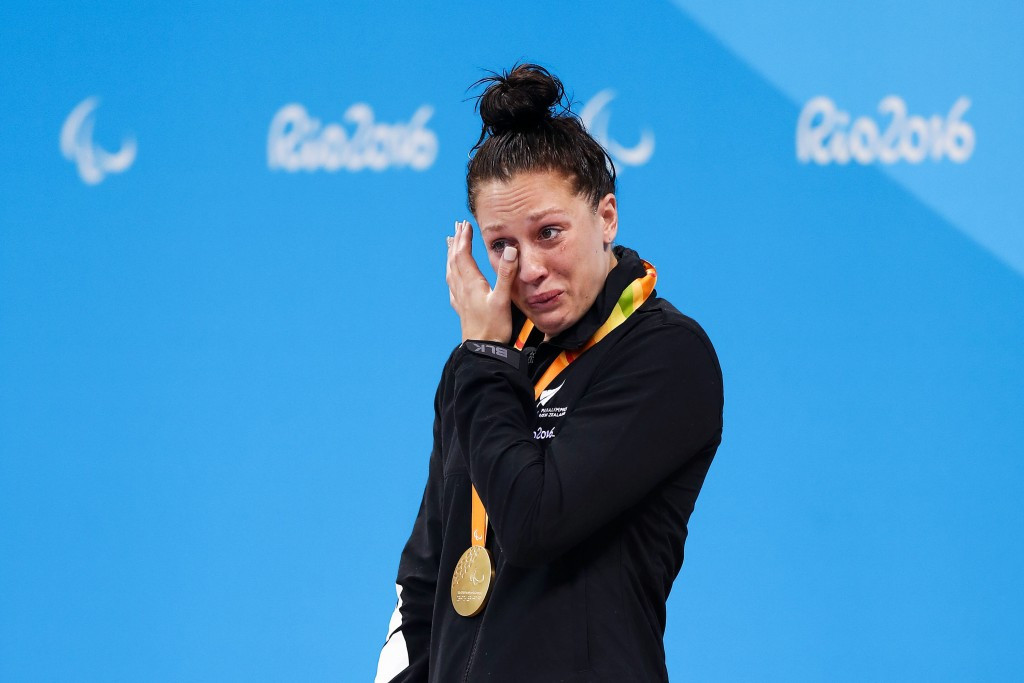 Sophie Pascoe was visibly emotional after becoming New Zealand's most decorated Paralympian of all time with victory in the women’s 100m butterfly S10 ©Getty Images