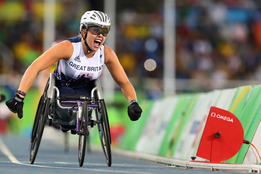 Great Britain’s Hannah Cockroft made it a golden hat-trick at the Rio 2016 Paralympic Games this evening with victory in the women’s 800m T34 ©Getty Images