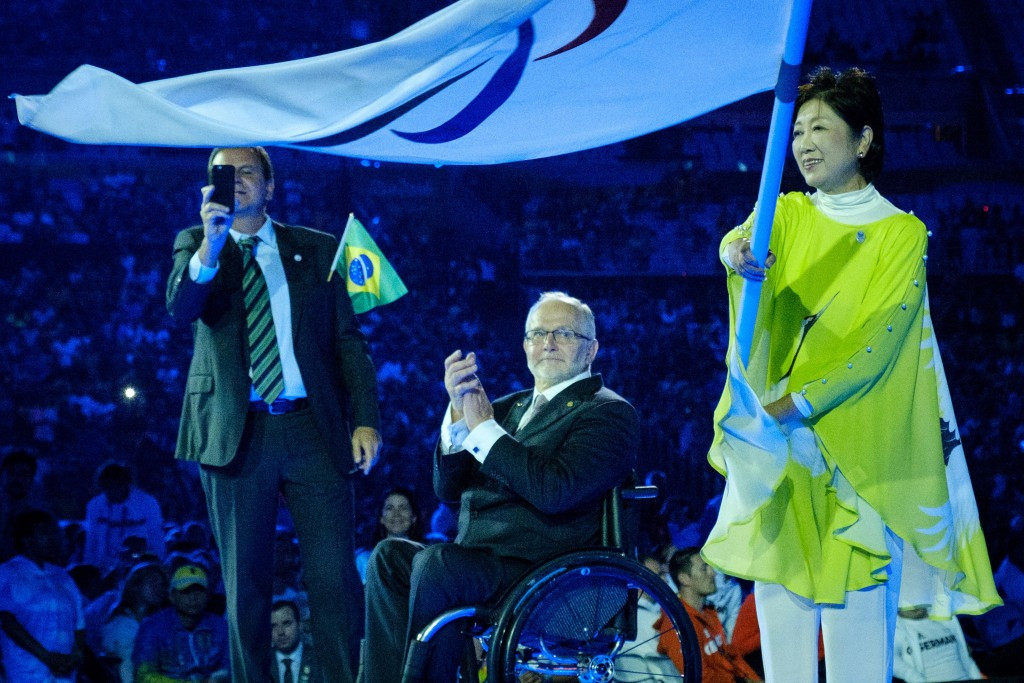 The traditional Handover Ceremony took place with Tokyo Governor Yuriko Koike receiving the Paralympic Flag from IPC President Sir Philip Craven ©Getty Images