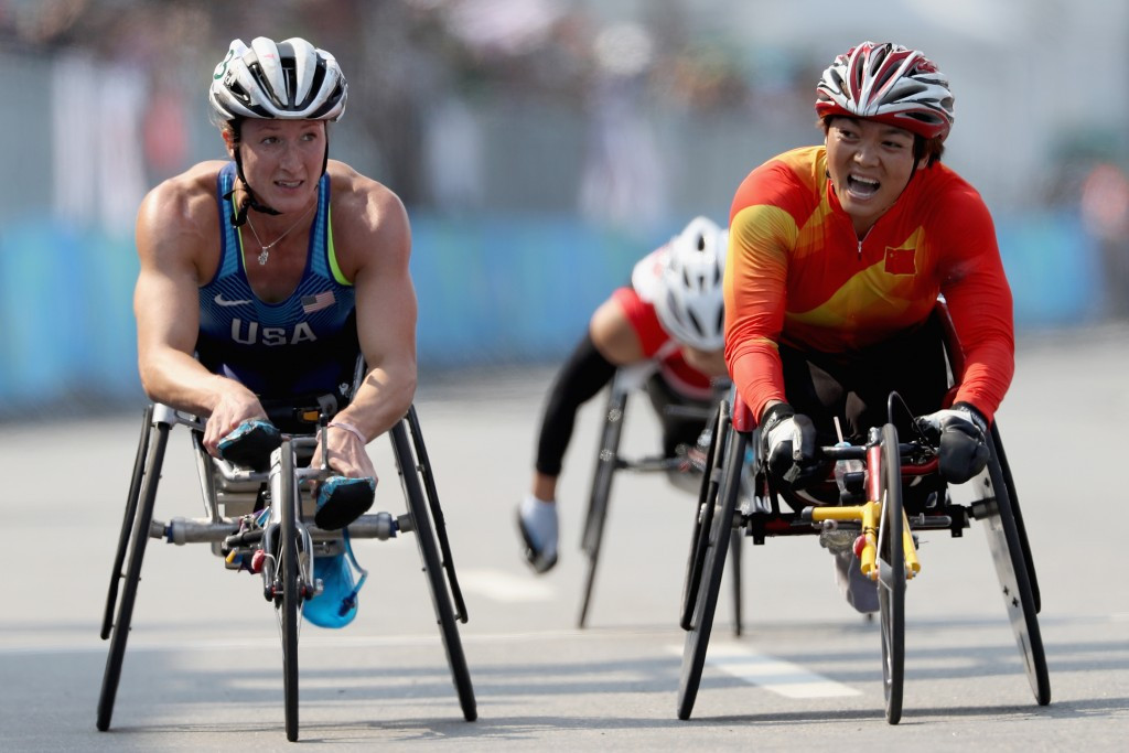 China's Zou Lihong was awarded the women's marathon T54 gold medal after a photo finish with American Tatyana McFadden ©Getty Images