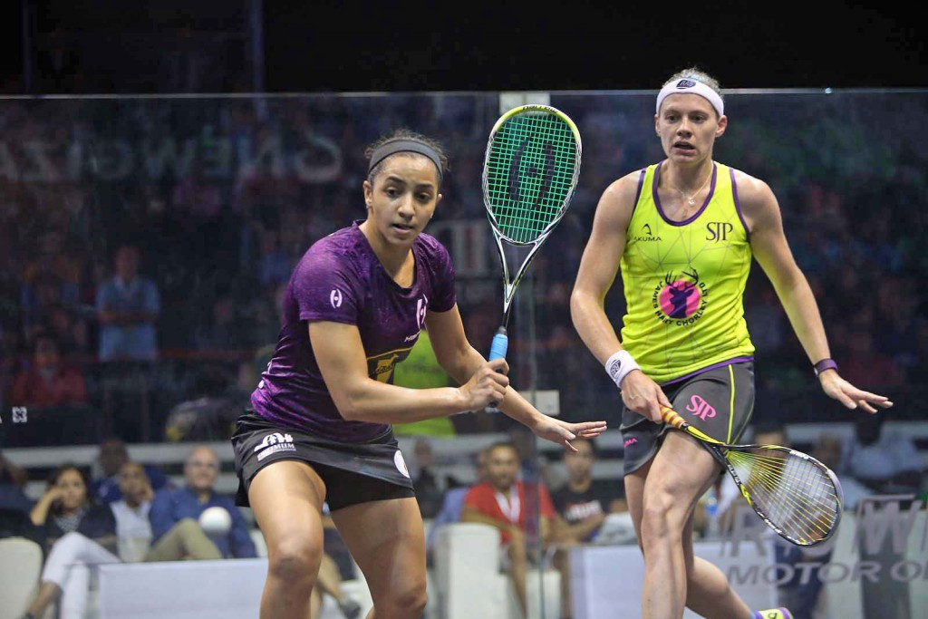 Nour El Sherbini (left) ended the challenge of Sarah-Jane Perry ©PSA  